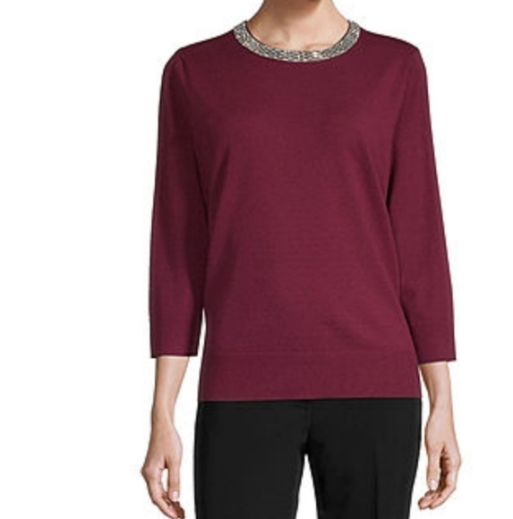𝅺liz Claiborne Burgundy Jewel Neck 3/4 Sleeve Sweater - Picture 1 of 4